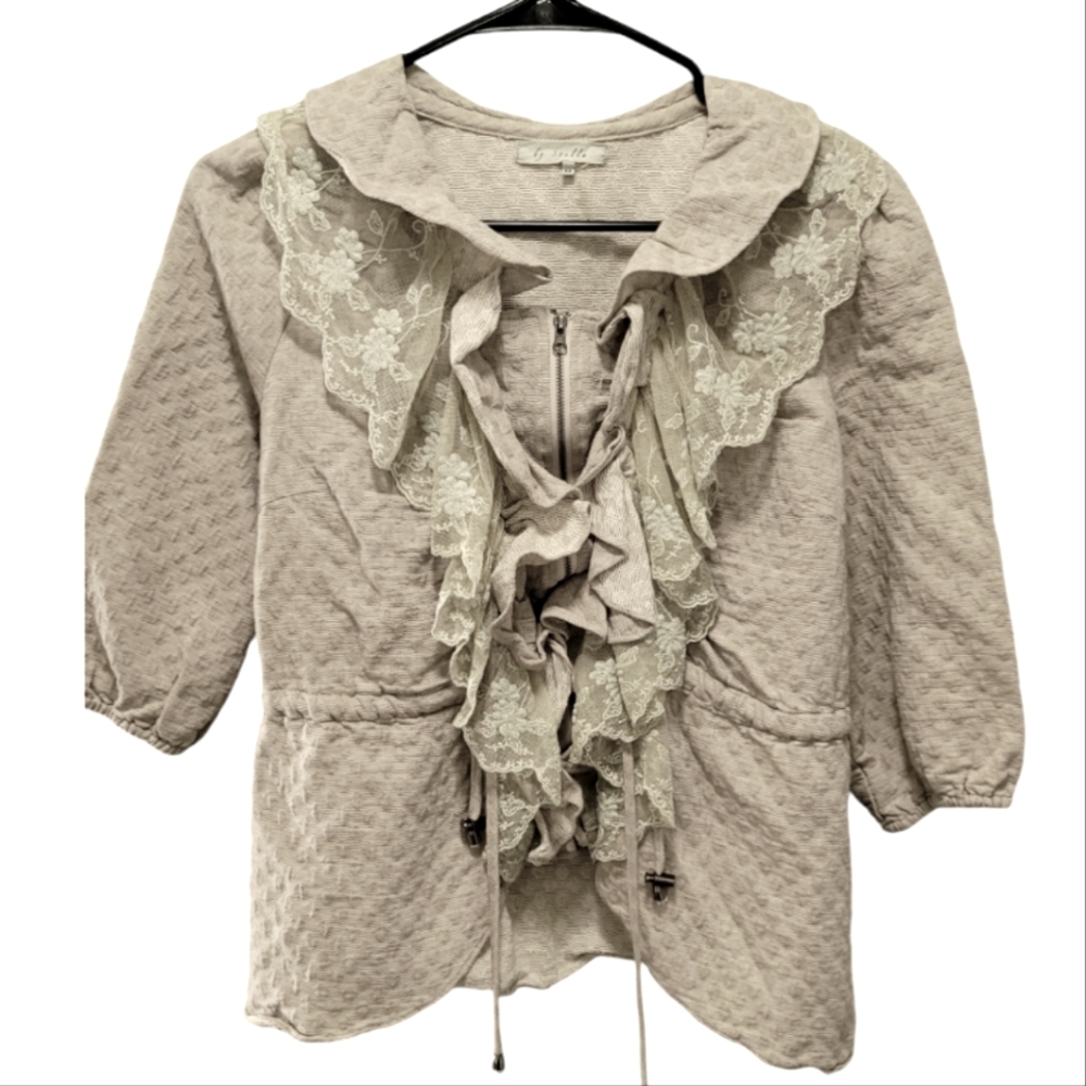 Cottagecore Beige Zip Jacket with Lace Ruffle by Stella - Feminine Boho Style